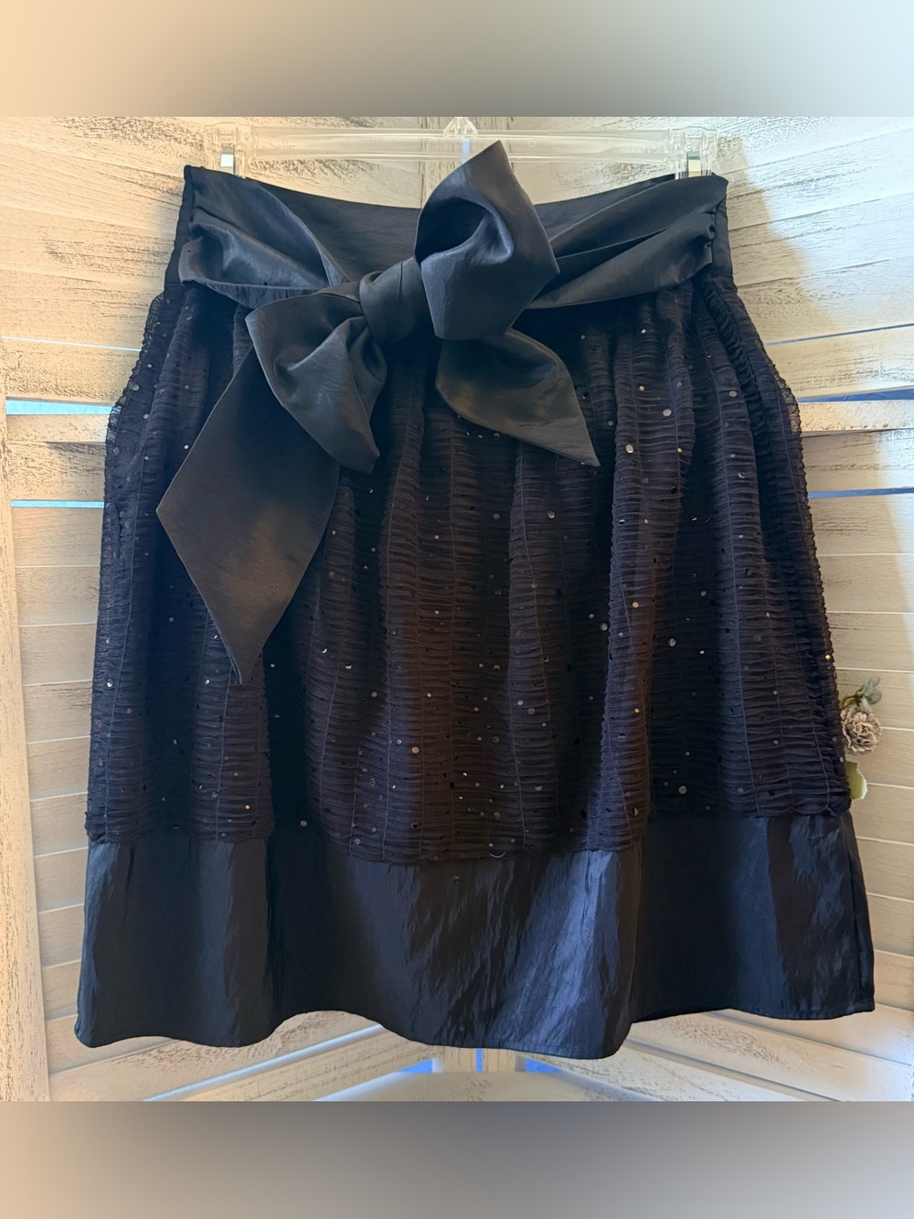 Black Sequin Midi Skirt Large Satin Bow Coquette Goth Balletcore Party Size 8